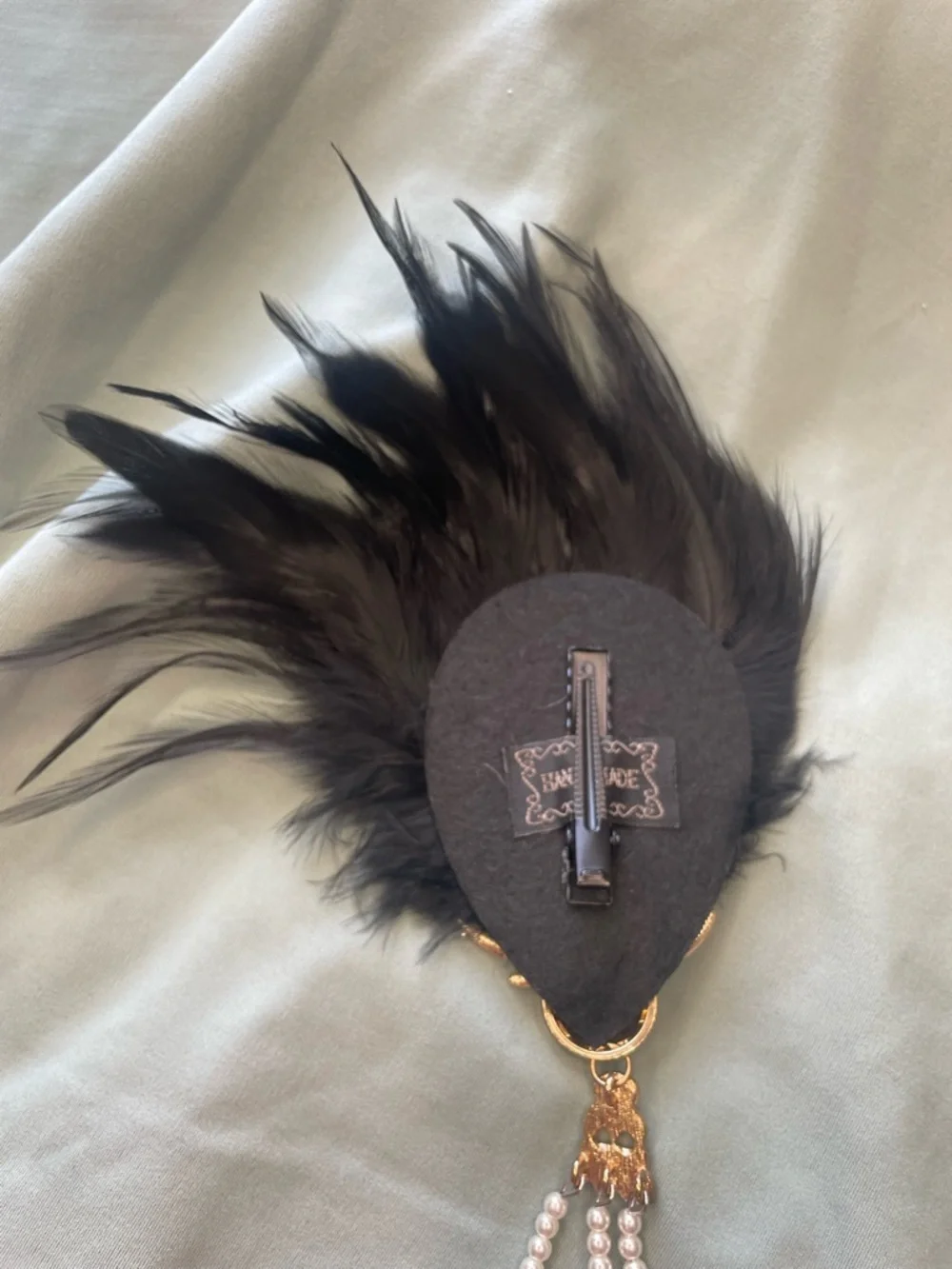 Gold-Tone Crystal & Pearl Feather Brooch with Black Feathers
